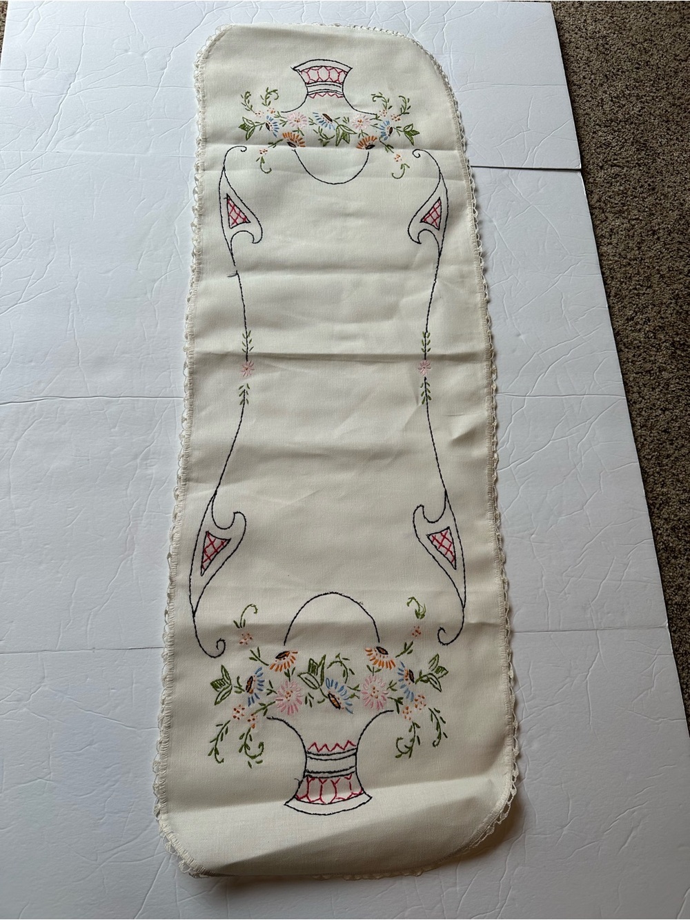 Vintage Handmade Embroidered Table/Dresser Runner Floral Crochet Edges 39.5"x13"